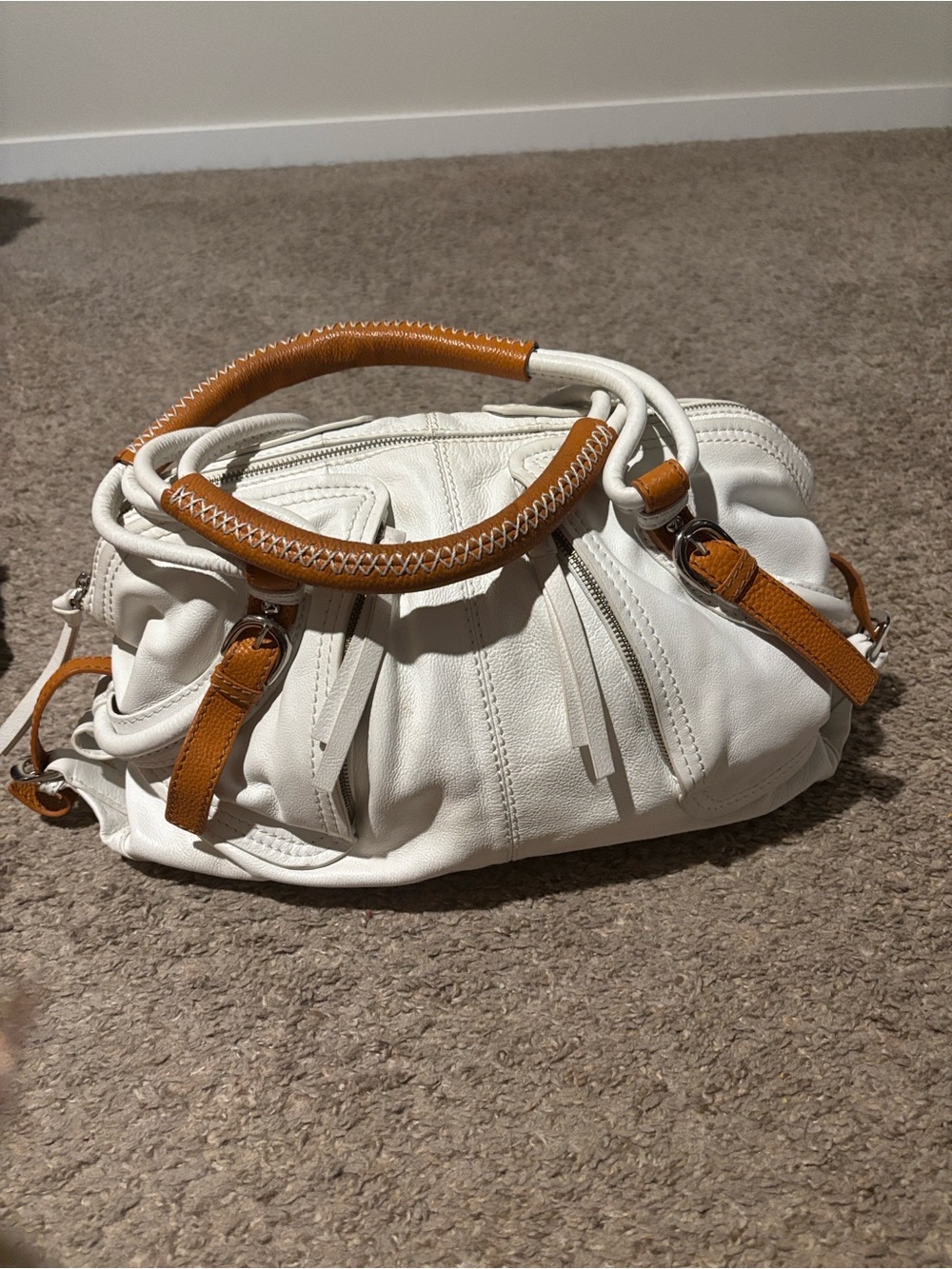 Sondra Roberts White with Tan trim Leather Satchel Handbag. - Picture 3 of 14